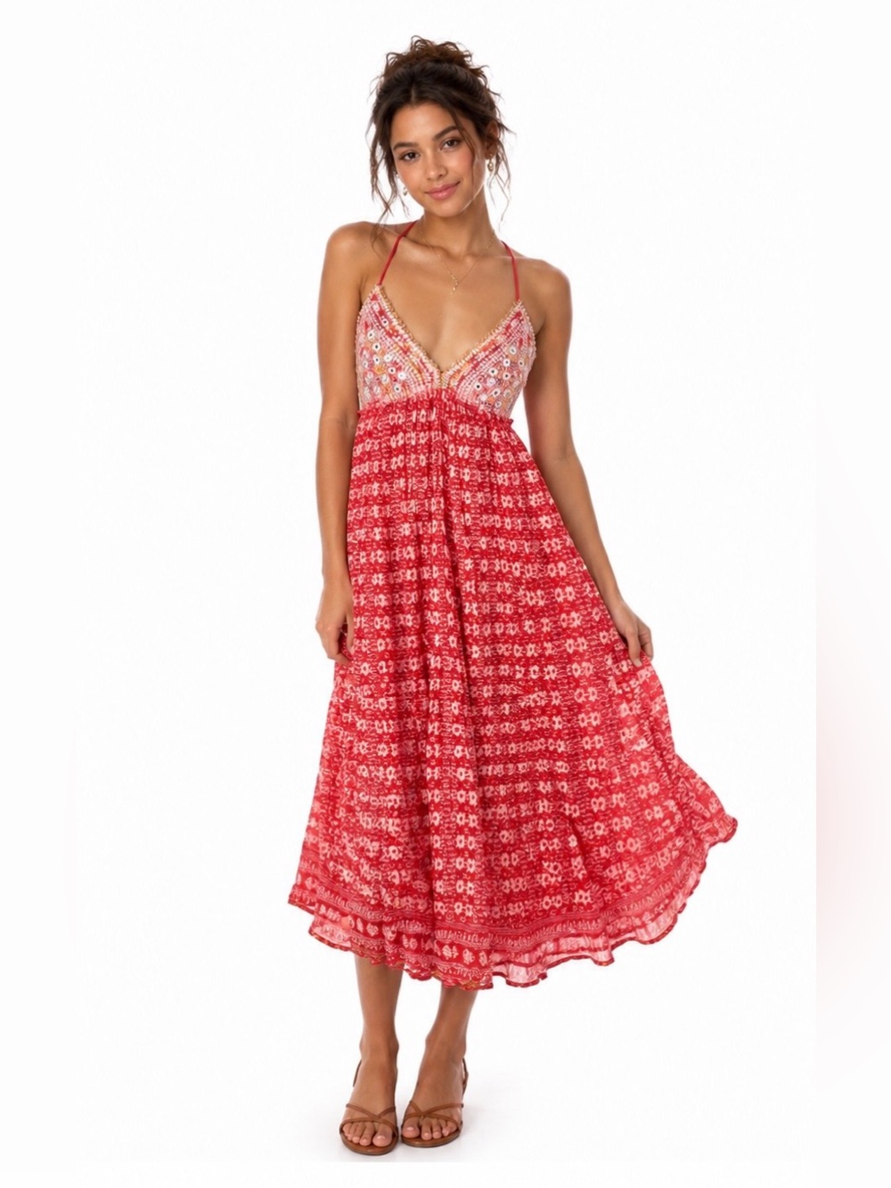 Free People Embellished Bohemian Maxi Dress Coral Red Large